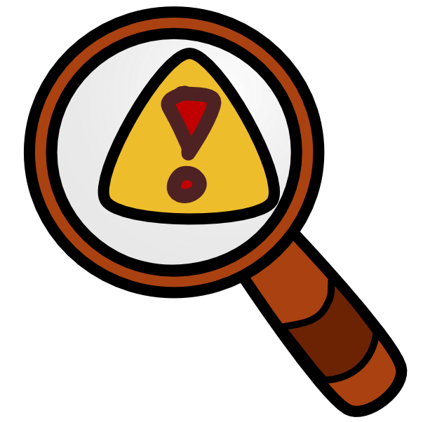 A brown magnifying glass with a warning sign shown in the lens. The warning sign is yellow, triangular, and has a red exclamation point on it.